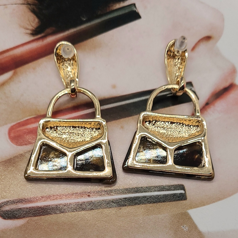 NWT Tortoise Shell Doorknocker Style Luxury Gold Dangle Earrings - Picture 9 of 12